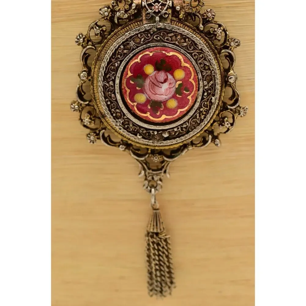 Vintage Locket Pendant Tassel Necklace Rose Painted Floral Heavy Antiqued BinA17